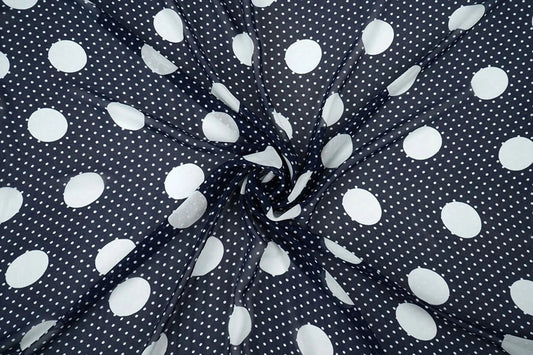 Šifons - punkti uz tumši zila fona | 150 cm | 65 g/m²