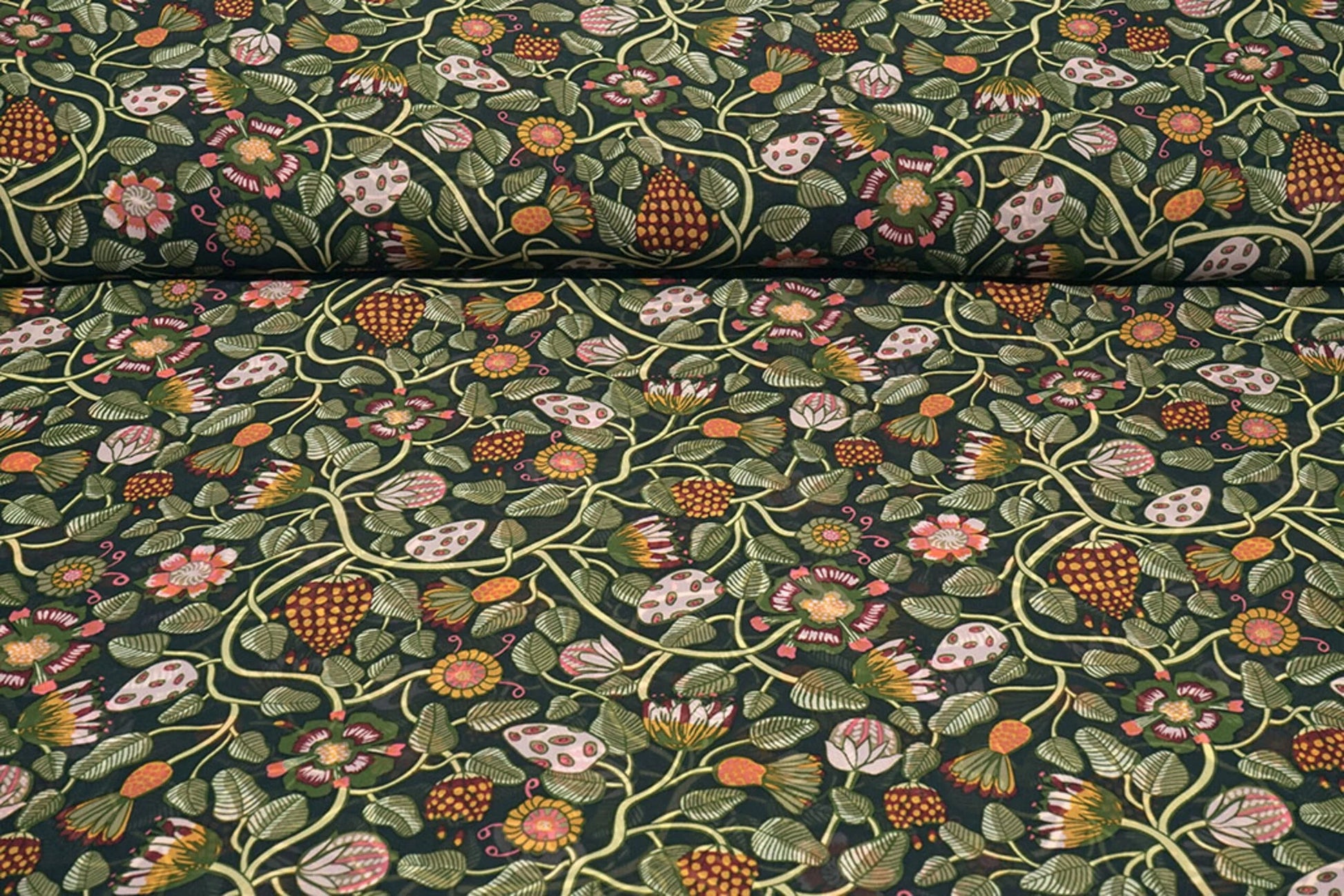 Attēls ar Šifons - ziedi ar zaļām stīgām| 150 cm | 65 g/m² – pieejams Šarlotes audumi