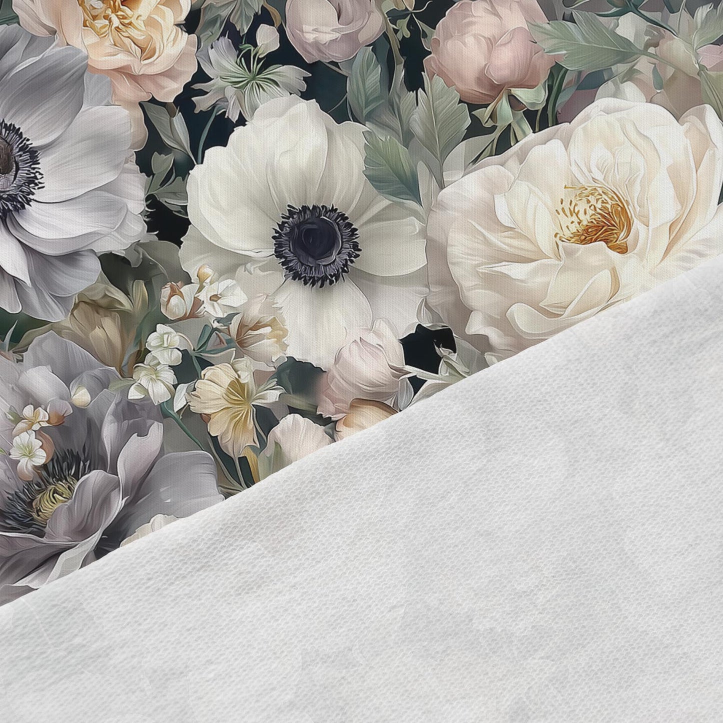 Kokvilnas cilpiņtrikotāža-sudrabaini dūmakainais ziedu dārzs 250 g/m²