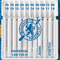 Attēls ar Šujmašīnu adatu komplekts SCHMETZ CREATIVE 10 JEANS/UNIVERSAL/STRETCH (10gab.) – pieejams Šarlotes audumi