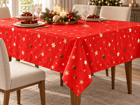 Image of Christmas decorative fabric with gold stars – available online at Šarlotes audumi