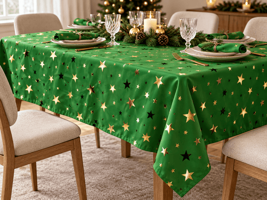 Image of Christmas fabric with gold stars on green – available online at Charlotte's Fabrics