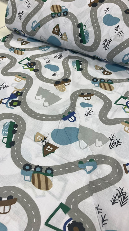 Image of 100% cotton fabric - cars on the road - available online at Charlotte's Fabrics