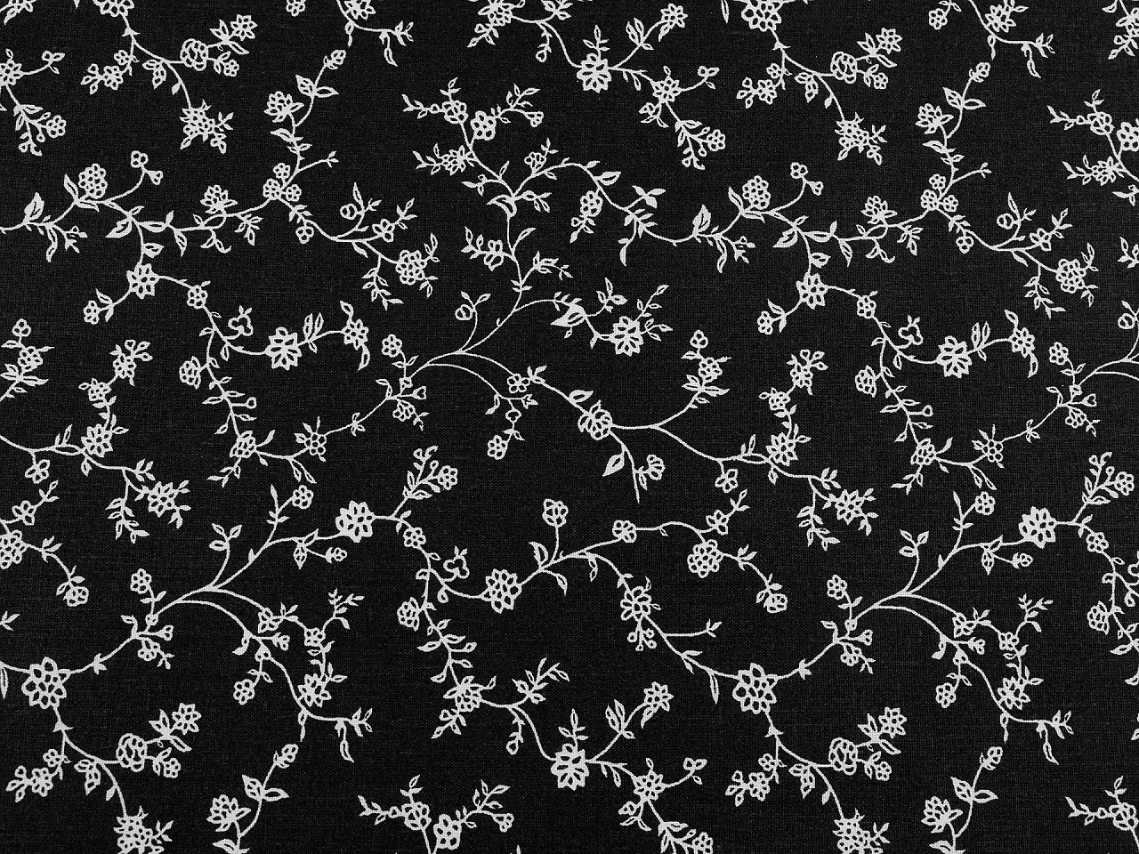 Attēls ar 100% Kokvilnas audums - baltas ziedošas stīgas uz melna 125 g/m² – pieejams Šarlotes audumi