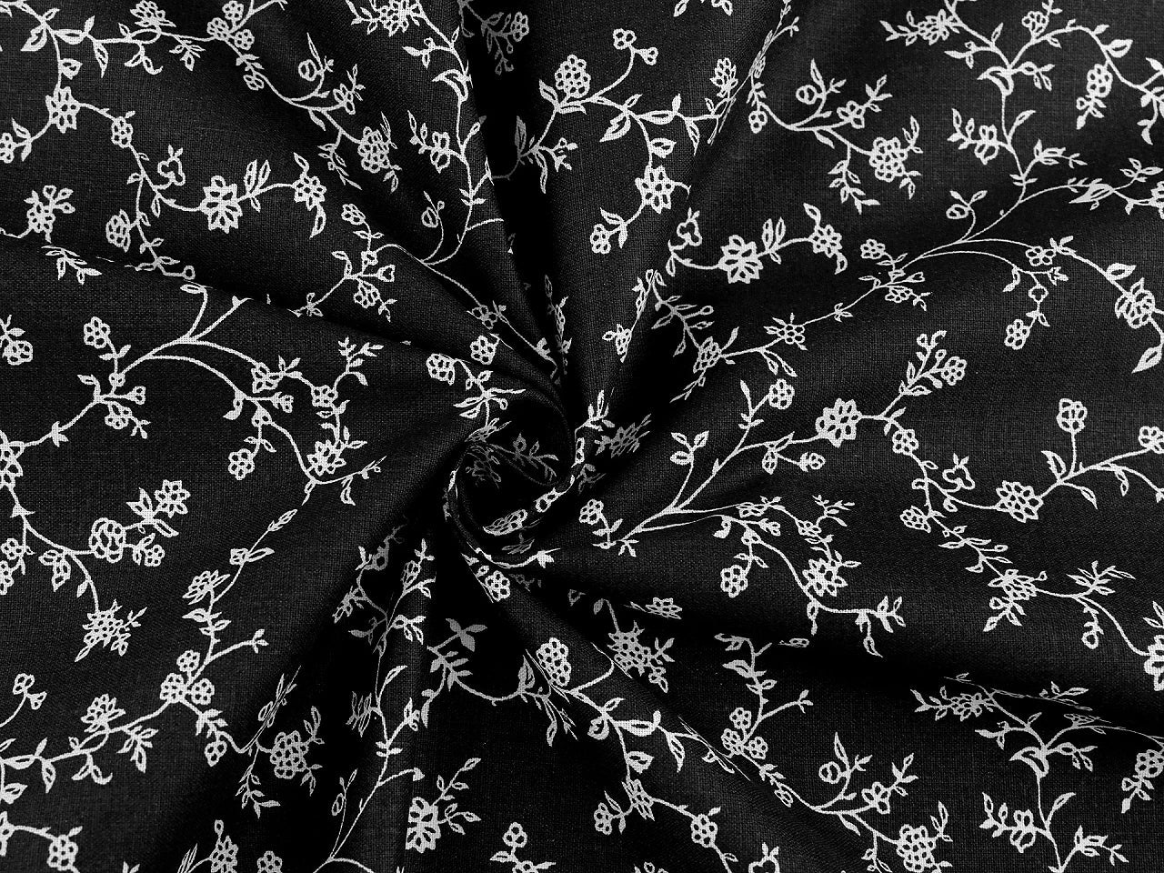 Attēls ar 100% Kokvilnas audums - baltas ziedošas stīgas uz melna 125 g/m² – pieejams Šarlotes audumi