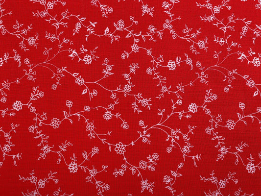 Attēls ar 100% Kokvilnas audums - baltas ziedošas stīgas uz sarkana 125 g/m² – pieejams Šarlotes audumi
