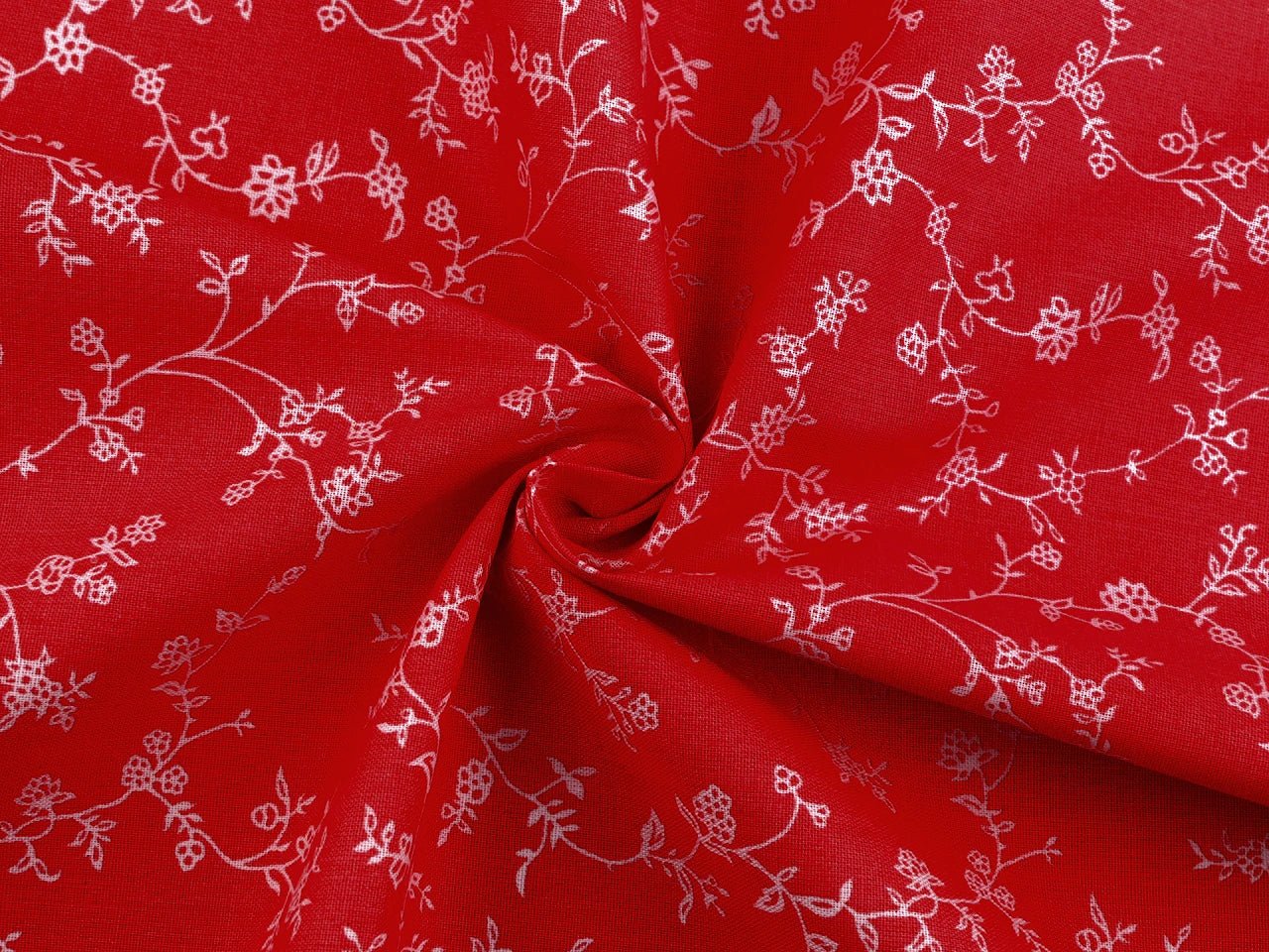 Attēls ar 100% Kokvilnas audums - baltas ziedošas stīgas uz sarkana 125 g/m² – pieejams Šarlotes audumi