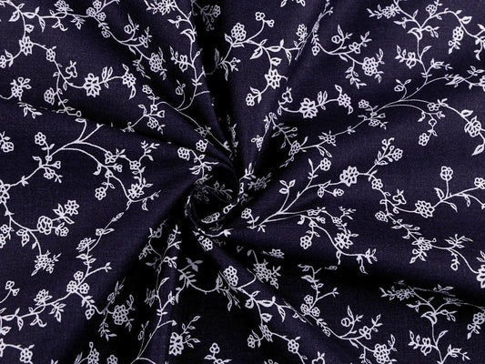 Attēls ar 100% Kokvilnas audums - baltas ziedošas stīgas uz tumši zila 125 g/m² – pieejams Šarlotes audumi