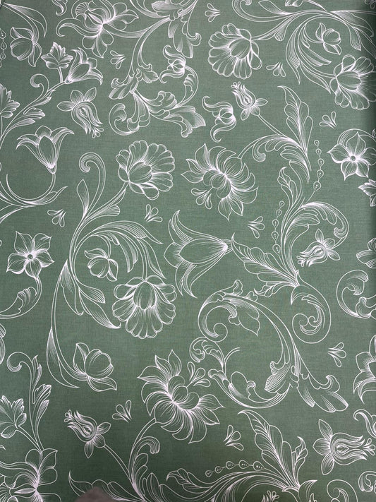Attēls ar 100% Kokvilnas audums - baltas ziedu ēnas uz zaļa 125 g/m² – pieejams Šarlotes audumi