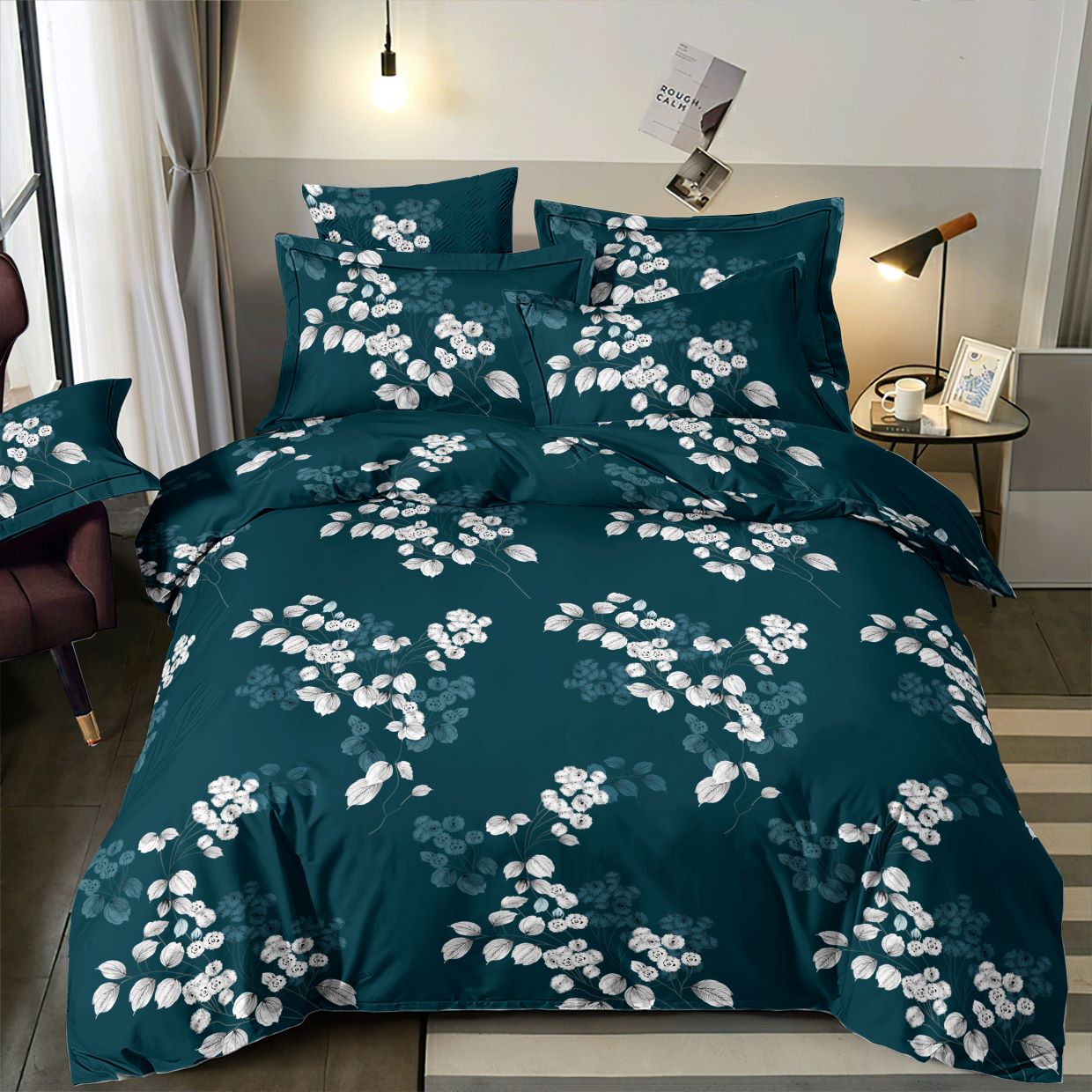 Attēls ar 100% Kokvilnas audums - baltie elegantie ziedi un lapas 220cm 146 g/m² – pieejams Šarlotes audumi