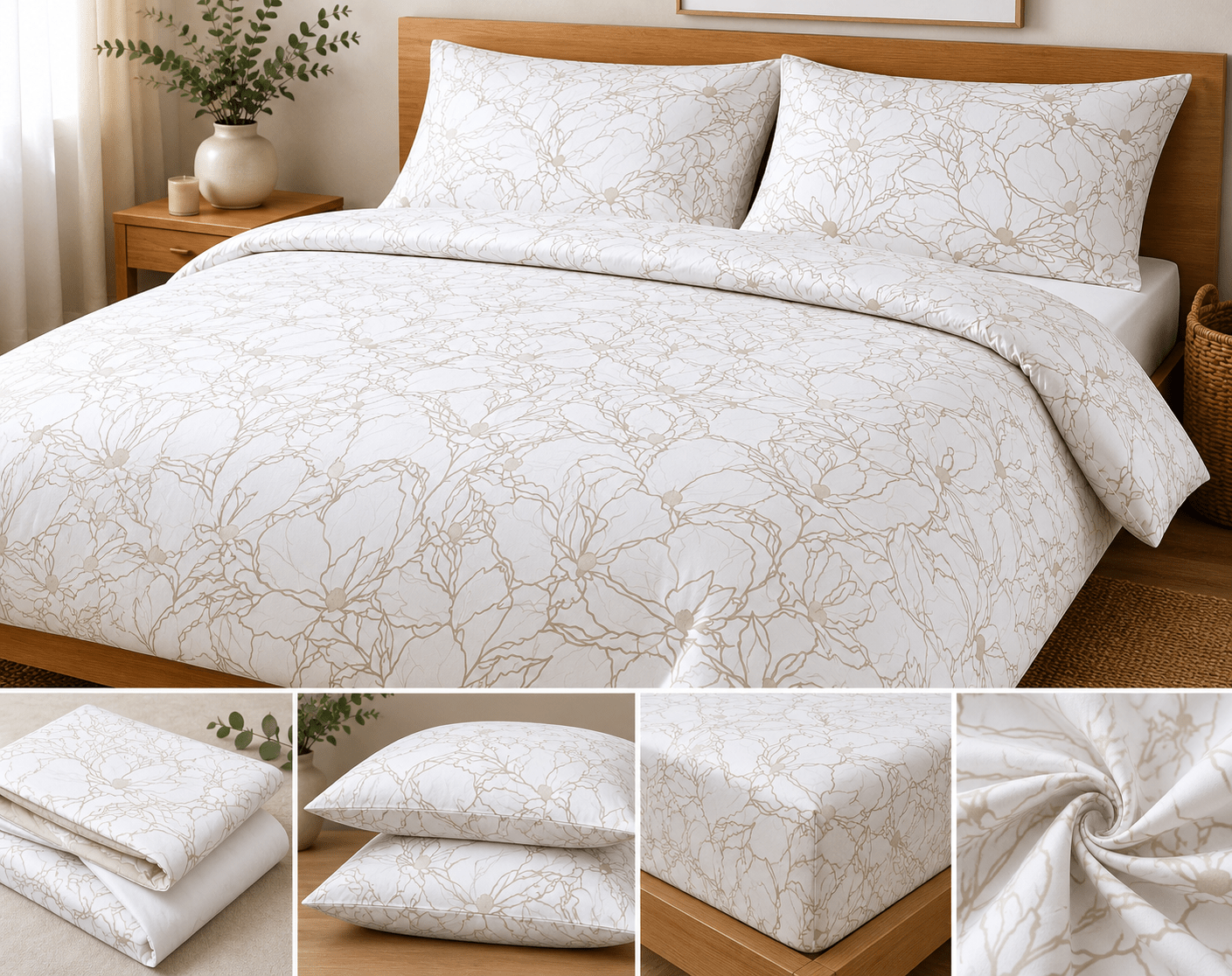 Image of 100% cotton fabric - beige floral pattern on a white background 130 g/m² – available at Šarlotes audumi