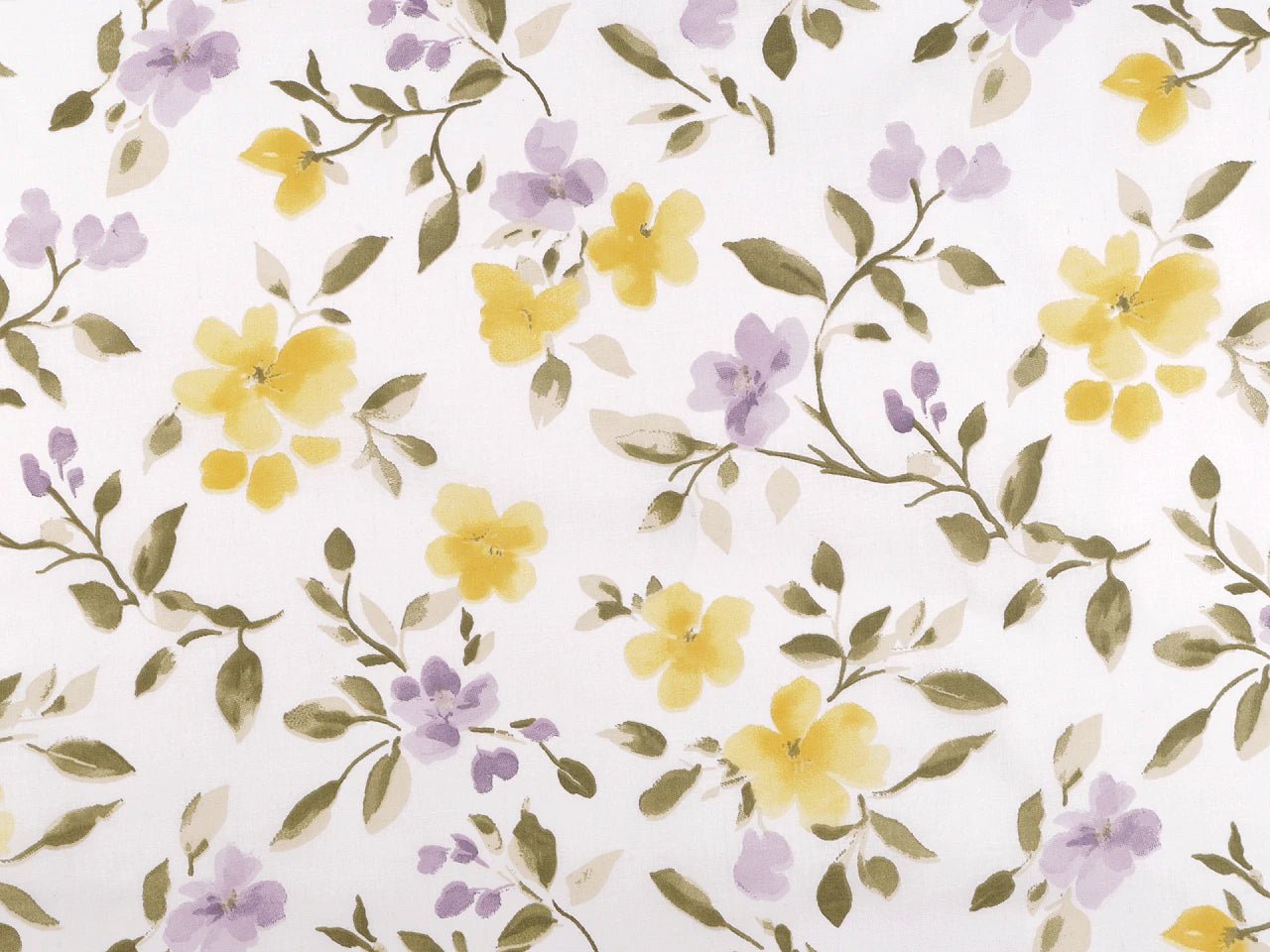 Image of 100% cotton fabric with yellow and lilac flowers – available online at Šarlotes audumi