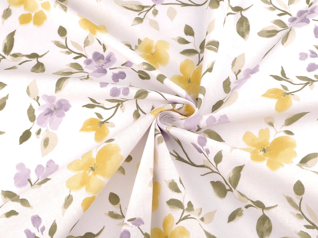 Image of 100% cotton fabric with yellow and lilac flowers – available online Šarlotes audumi