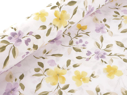 100% cotton fabric with yellow and lilac flowers, available online at Charlotte's Fabrics