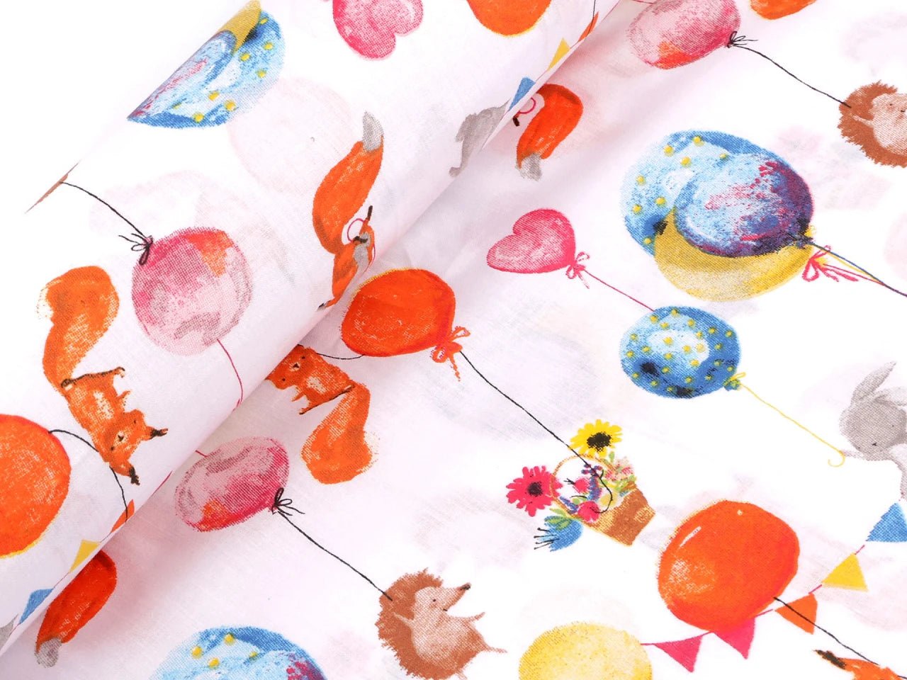 Attēls ar 100% Kokvilnas audums - lapsa ar baloniem 125 g/m² – pieejams Šarlotes audumi