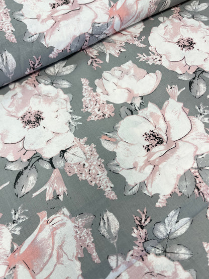 Tissu 100 % coton - pivoines sur fond gris 125 g/m²