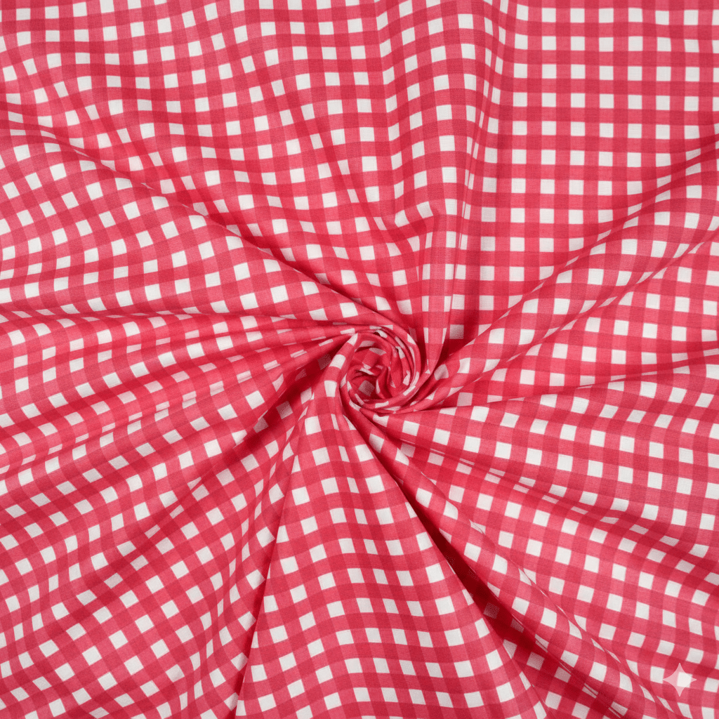 Attēls ar 100% Kokvilnas audums - sarkanas rūtis 130 g/m² – pieejams Šarlotes audumi