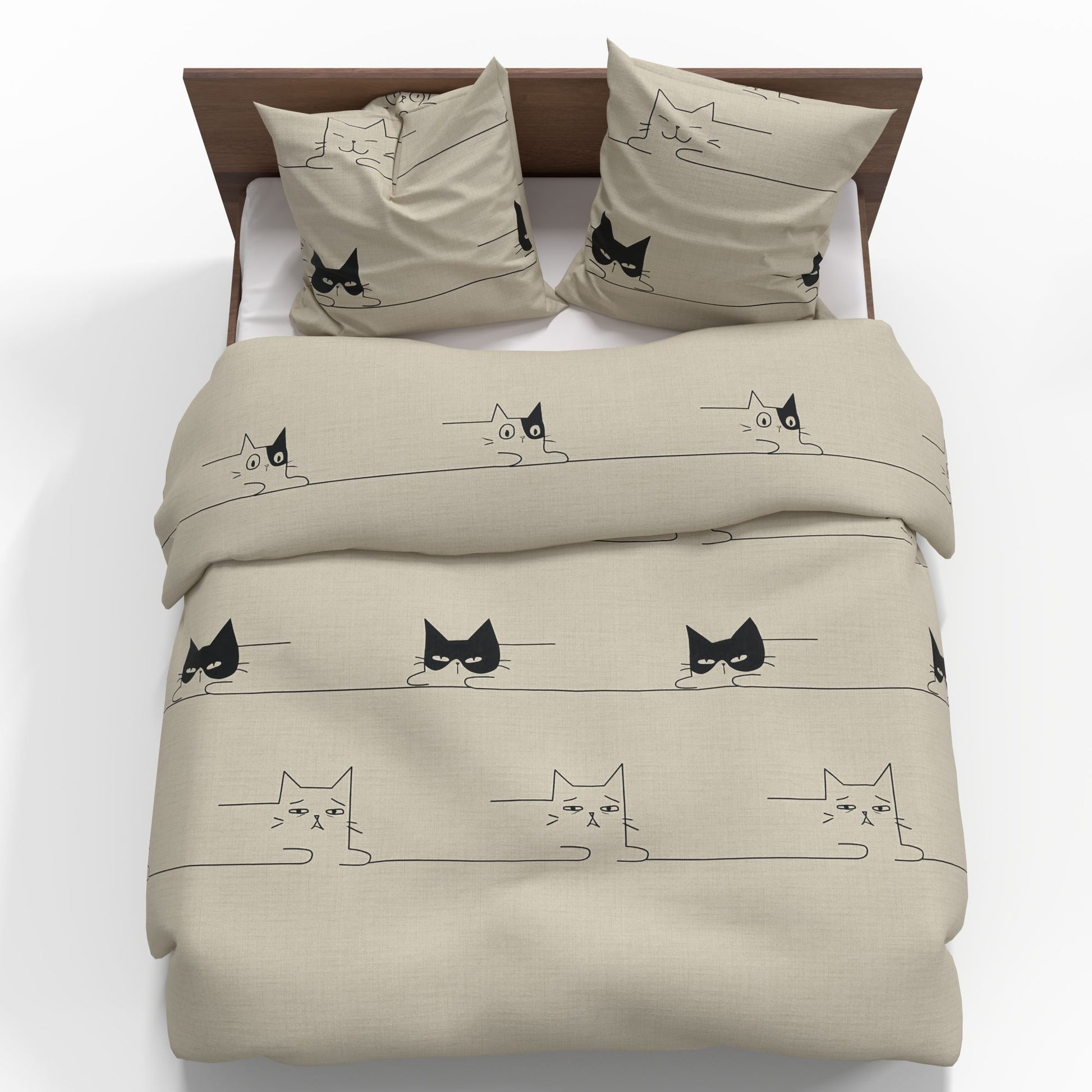 Image of 100% cotton fabric in beige with cat designs, 220 cm – available online at Šarlotes audumi