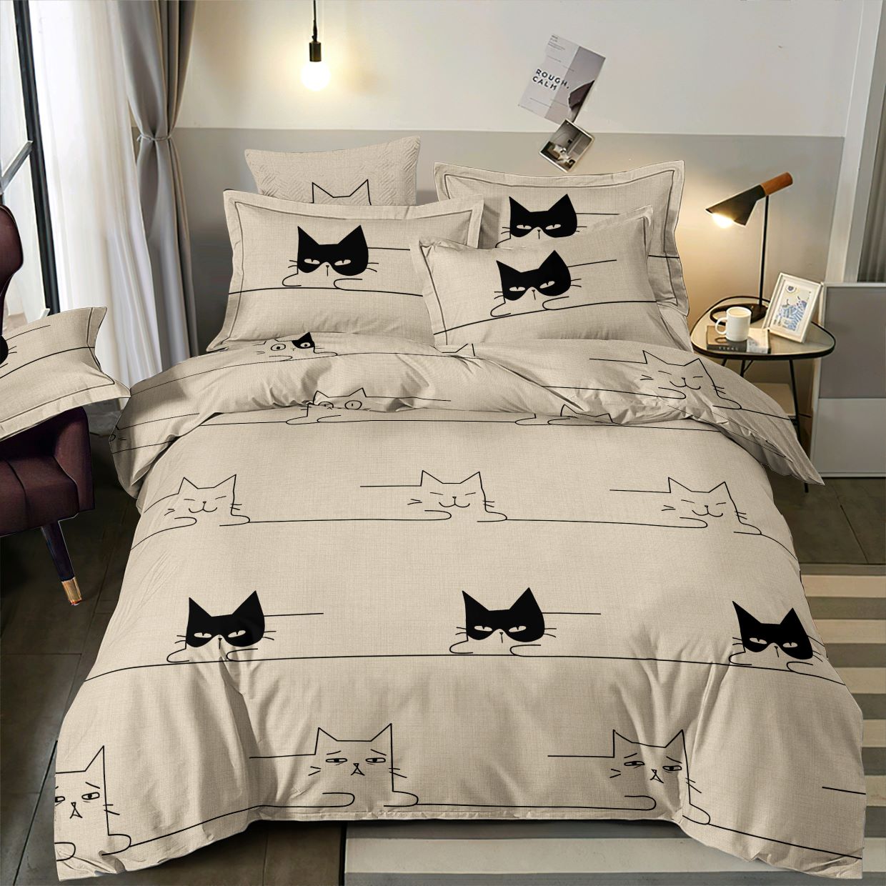Image of 100% cotton beige fabric with cat prints, 220 cm – available online at Šarlotes audumi