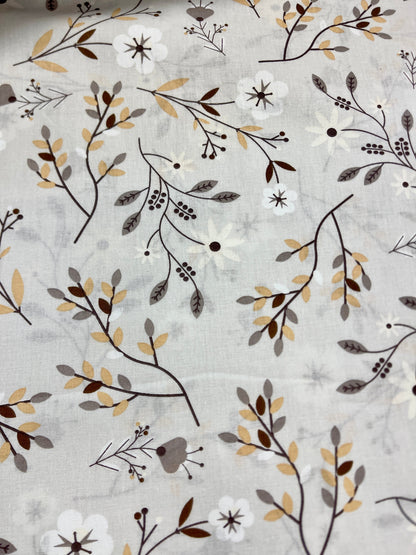 100% tissu en coton - motif floral et feuillage gris 125 g/m²