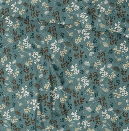 Attēls ar 100% Kokvilnas audums - zilgan zaļš lapu raksts 125 g/m² – pieejams Šarlotes audumi
