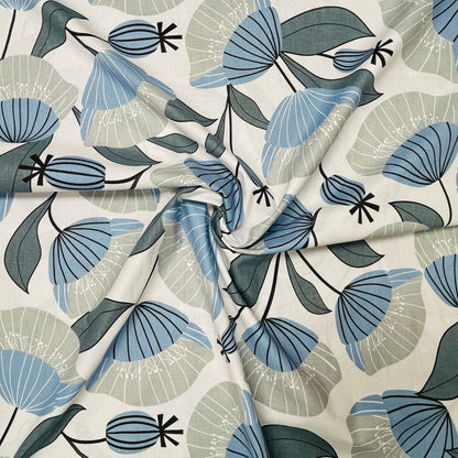 100% Cotton fabric - blue floral pattern on light gray 125 g/m