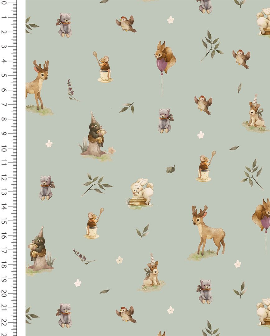 Image of 100% cotton flannel with flowers on a green-gray background – available online at Šarlotes audumi