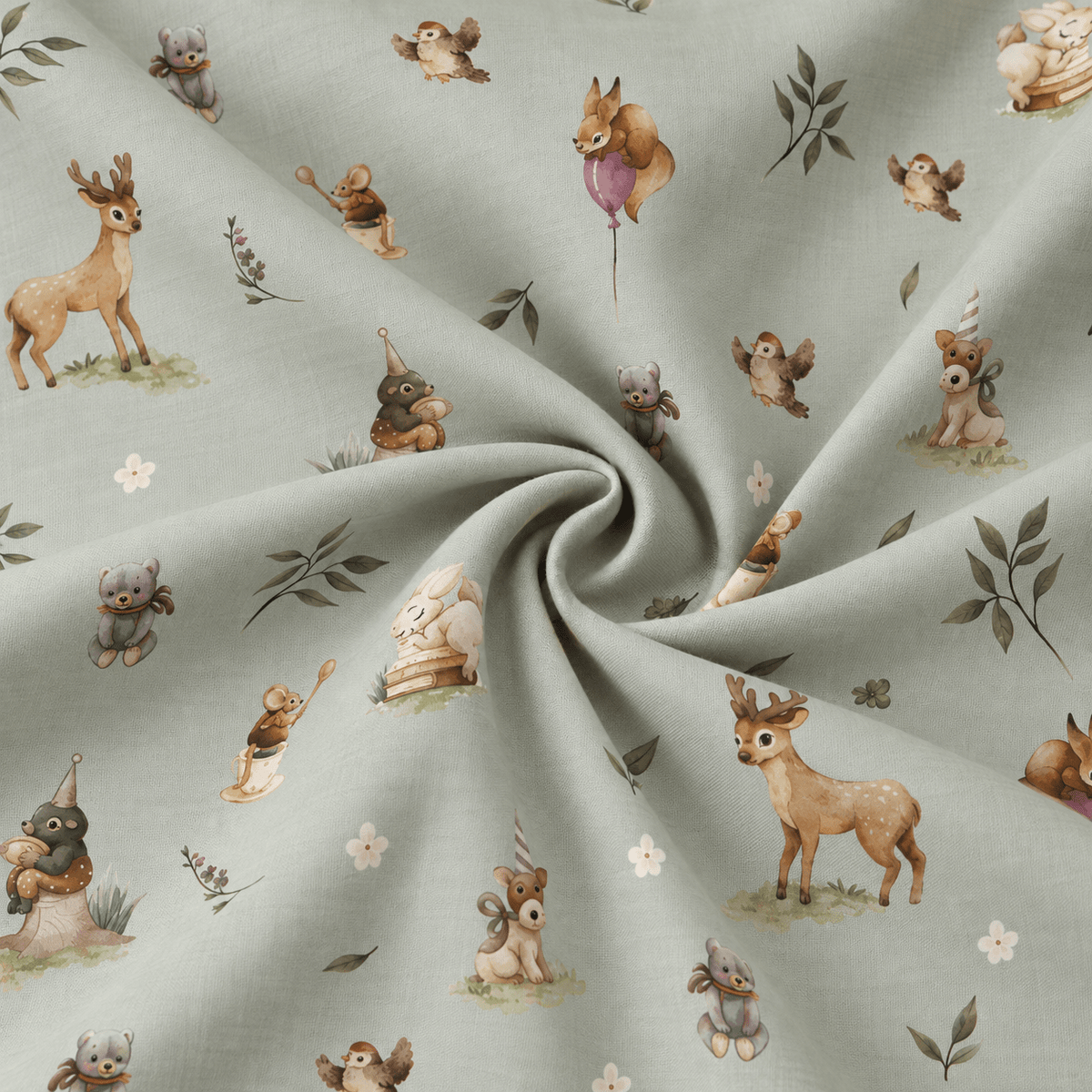 Image of 100% cotton flannel with flowers on a green-gray background – available online at Šarlotes audumi