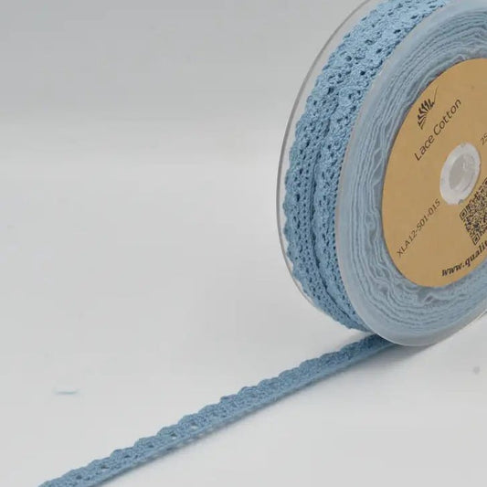 Attēls ar 100% Kokvilnas mežģīne - 1,5 cm gaiši zila – pieejams Šarlotes audumi