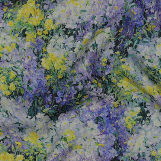 Attēls ar 100% Viskozes audums - ceriņi un mimozas 135 g/m² – pieejams Šarlotes audumi