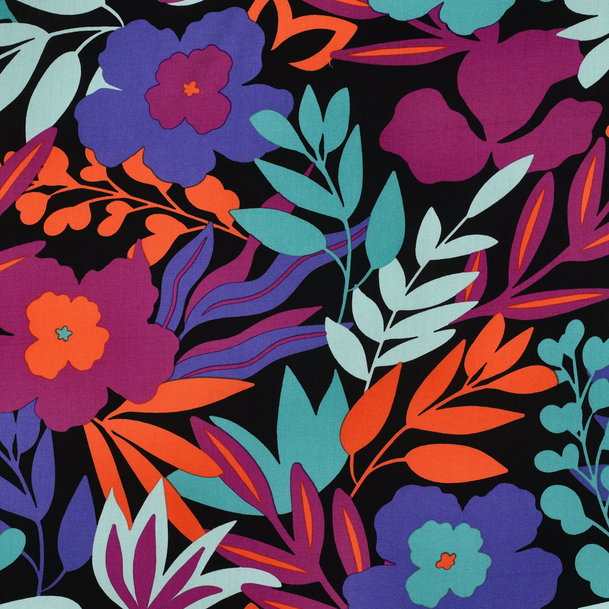 Image of 100% viscose LENZING™ ECOVERO™ fabric with flowers in petrol shades – available online at Šarlotes audumi