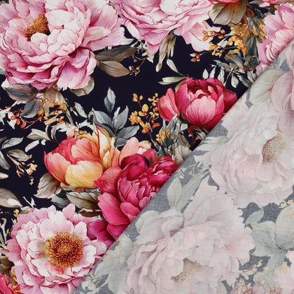 100% Viscose Fabric - Peonies on Dark Blue – available online at Charlotte's Fabric