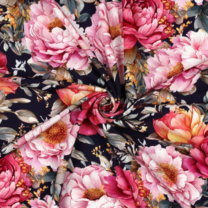 100% Viscose Fabric - Peonies on Dark Blue – available online at Charlotte's Fabric