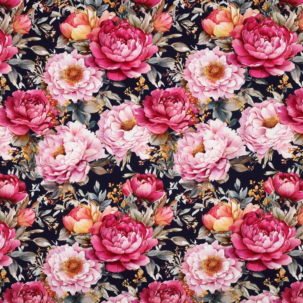 100% Viscose Fabric - Peonies on Dark Blue – available online at Charlotte's Fabric