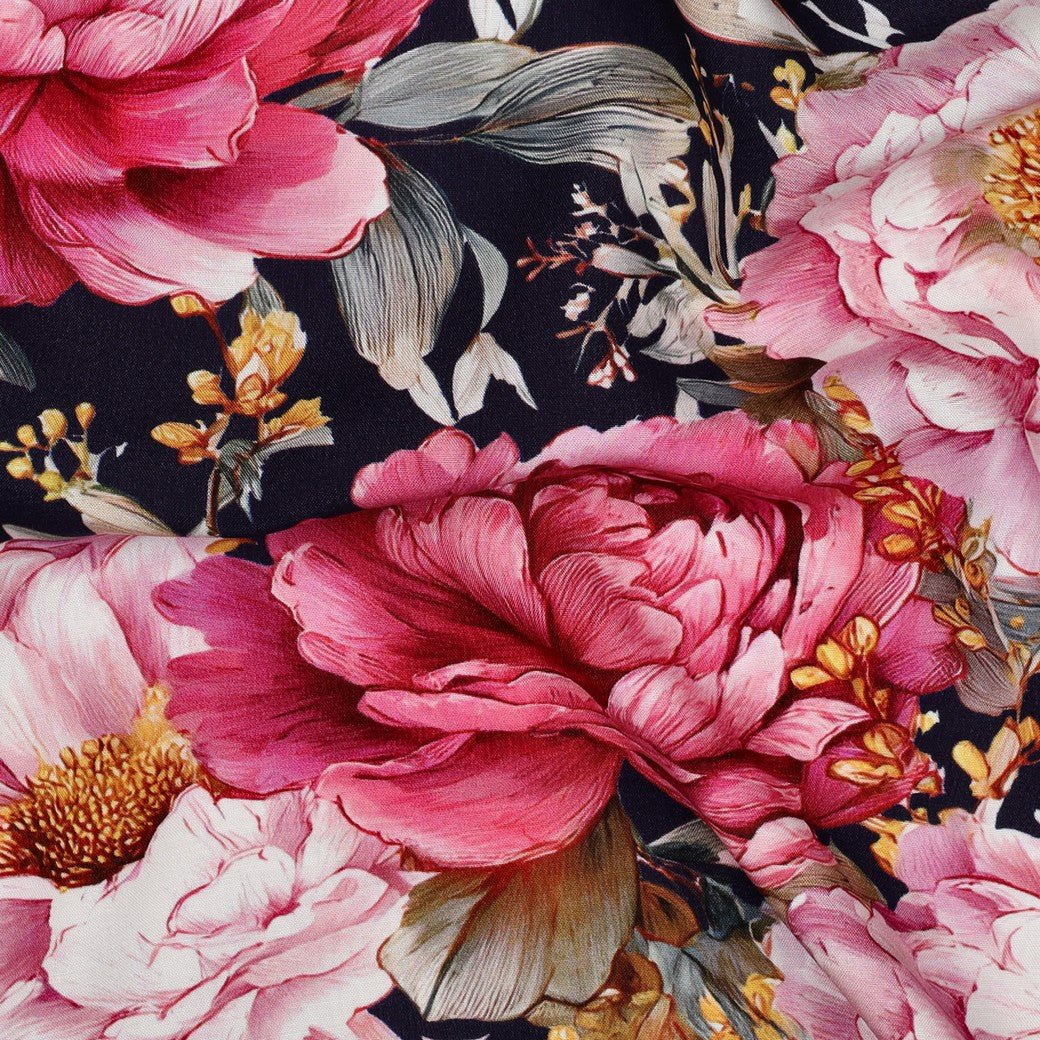 100% Viscose Fabric - Peonies on Dark Blue – available online at Charlotte's Fabric