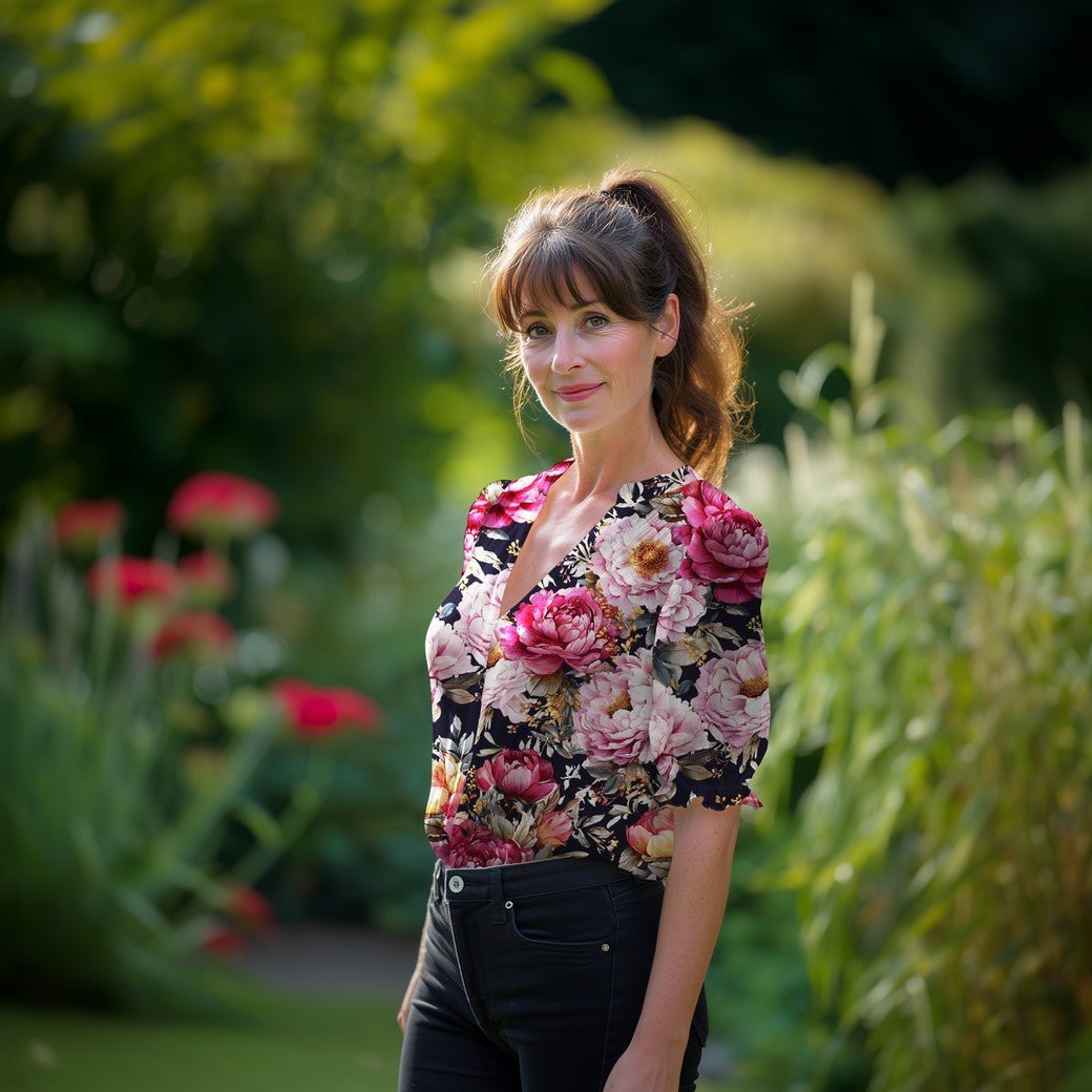100% Viscose Fabric - Peonies on Dark Blue – available online at Charlotte's Fabric