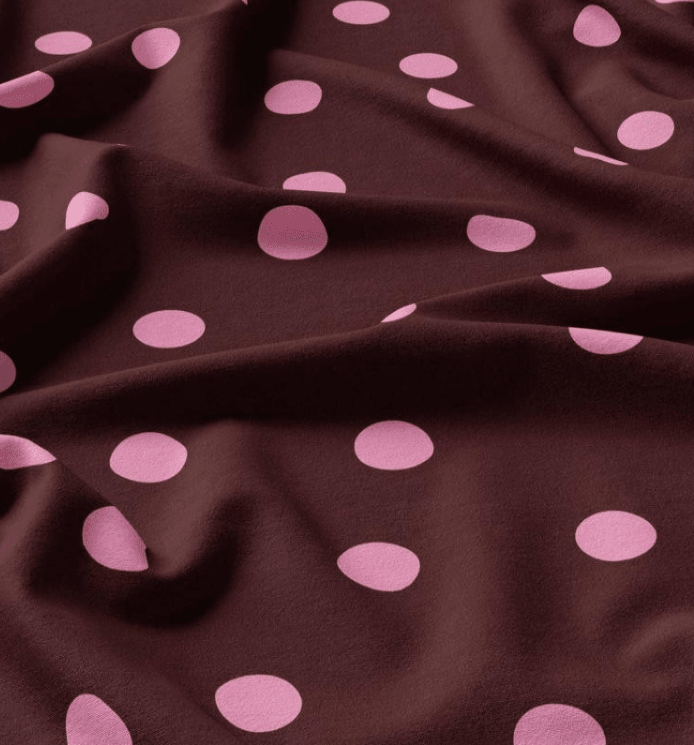 Image with 100% viscose fabric - pink circles on a burgundy background – available online at Šarlotes audumi