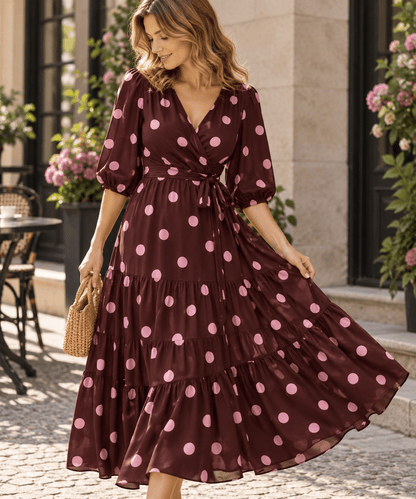 Image with 100% viscose fabric - pink circles on a burgundy background – available online at Šarlotes audumi