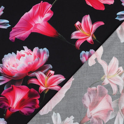 Tissu 100 % viscose - fleurs roses sur fond noir 110 g/m²
