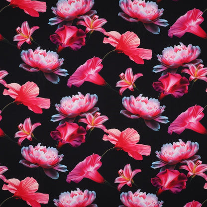 Tissu 100 % viscose - fleurs roses sur fond noir 110 g/m²