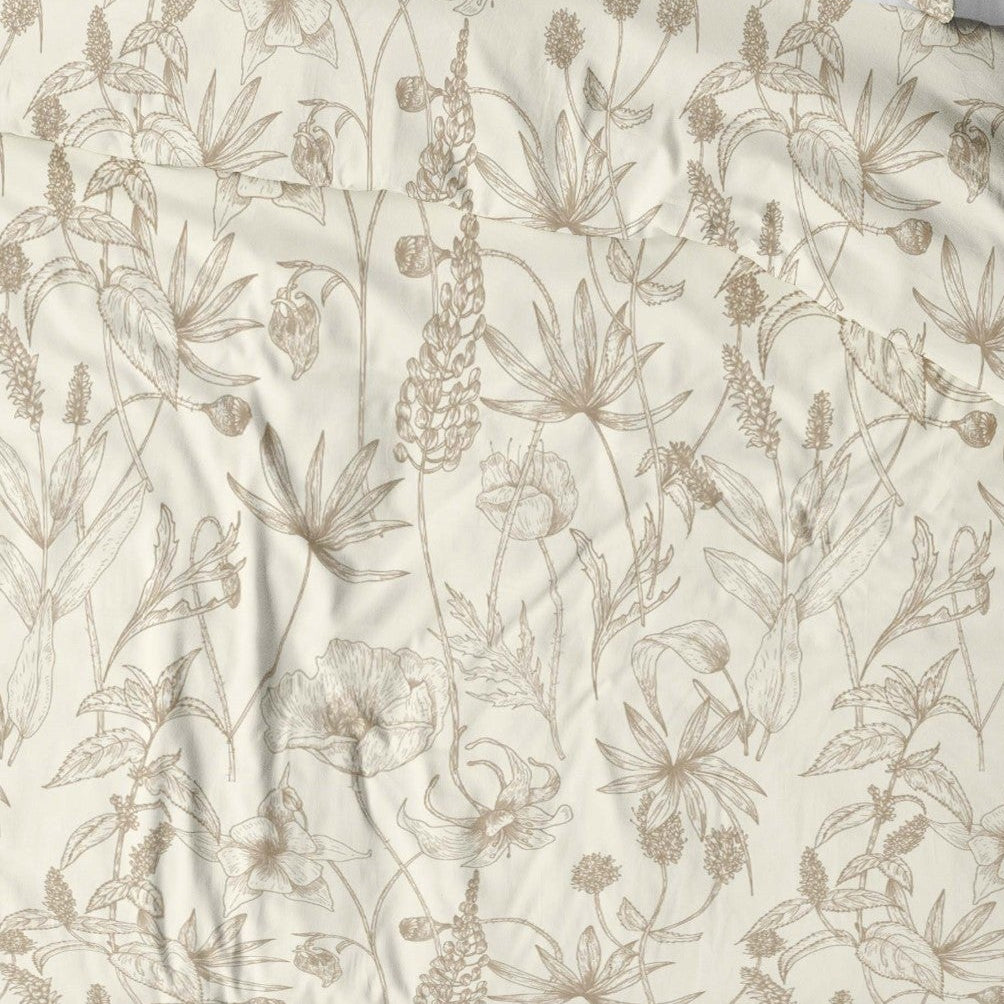 100% Kokvilnas audums-bēši pļavu ziedi 125 g/m²