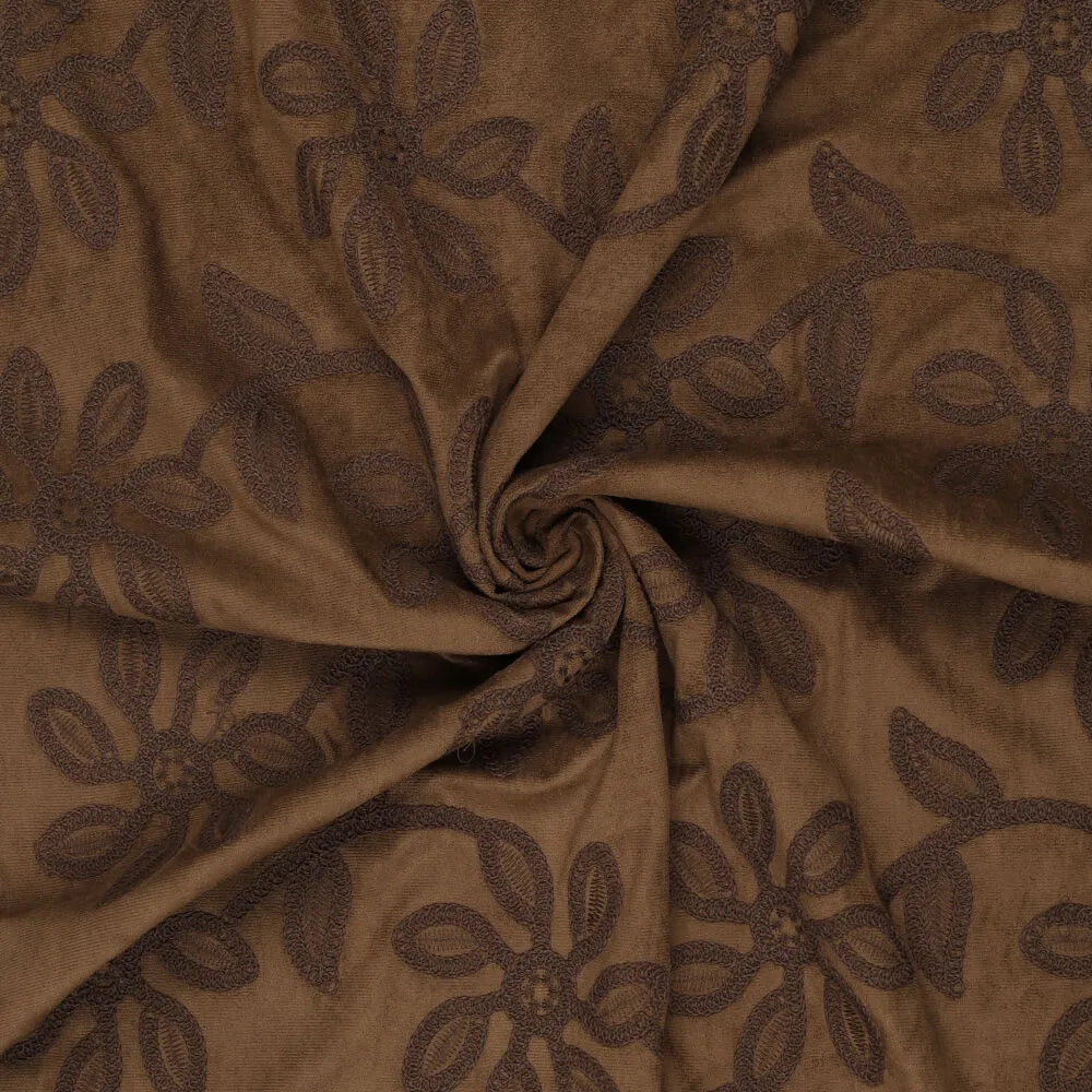 Suede fabric with embroidered floral pattern - brown 310 g/m²