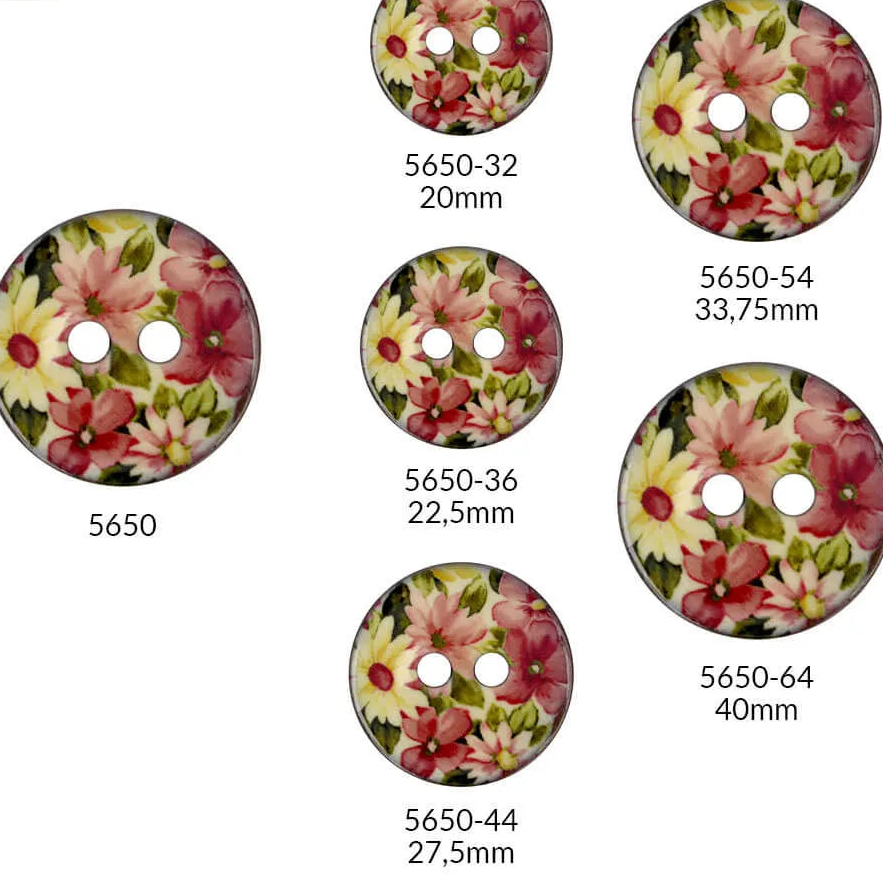 Kokosa poga ar rozā un baltu ziedu rakstu – 23 mm, 34 mm un 41 mm
