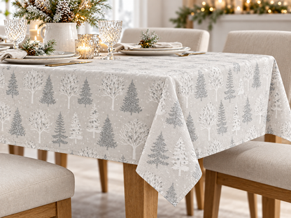 Christmas canvas fabric with glittering fir trees – light grey
