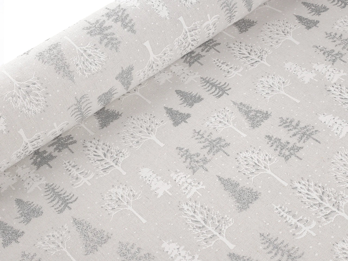 Christmas canvas fabric with glittering fir trees – light grey