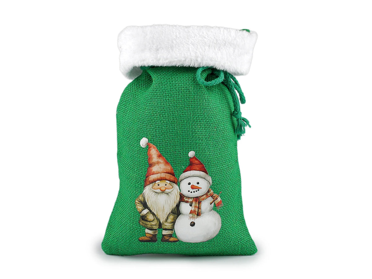 Ziemassvētku dāvanu maisiņš no džutas ar pūkainu apdari – 20 × 30 cm