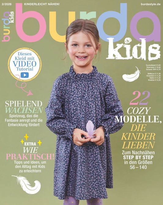 Burda Kids 02/2026 – bērnu apģērbu šūšanas žurnāls ar piegrieztnēm, vācu valodā