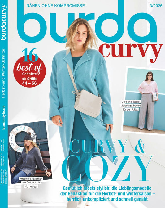 Burda Curvy 3/2026 – šūšanas žurnāls ar piegrieztnēm, vācu valodā