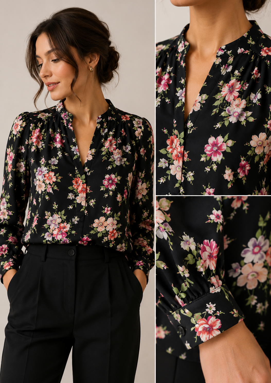 100% Viscose Fabric - Flowers on Black 100 g/m²