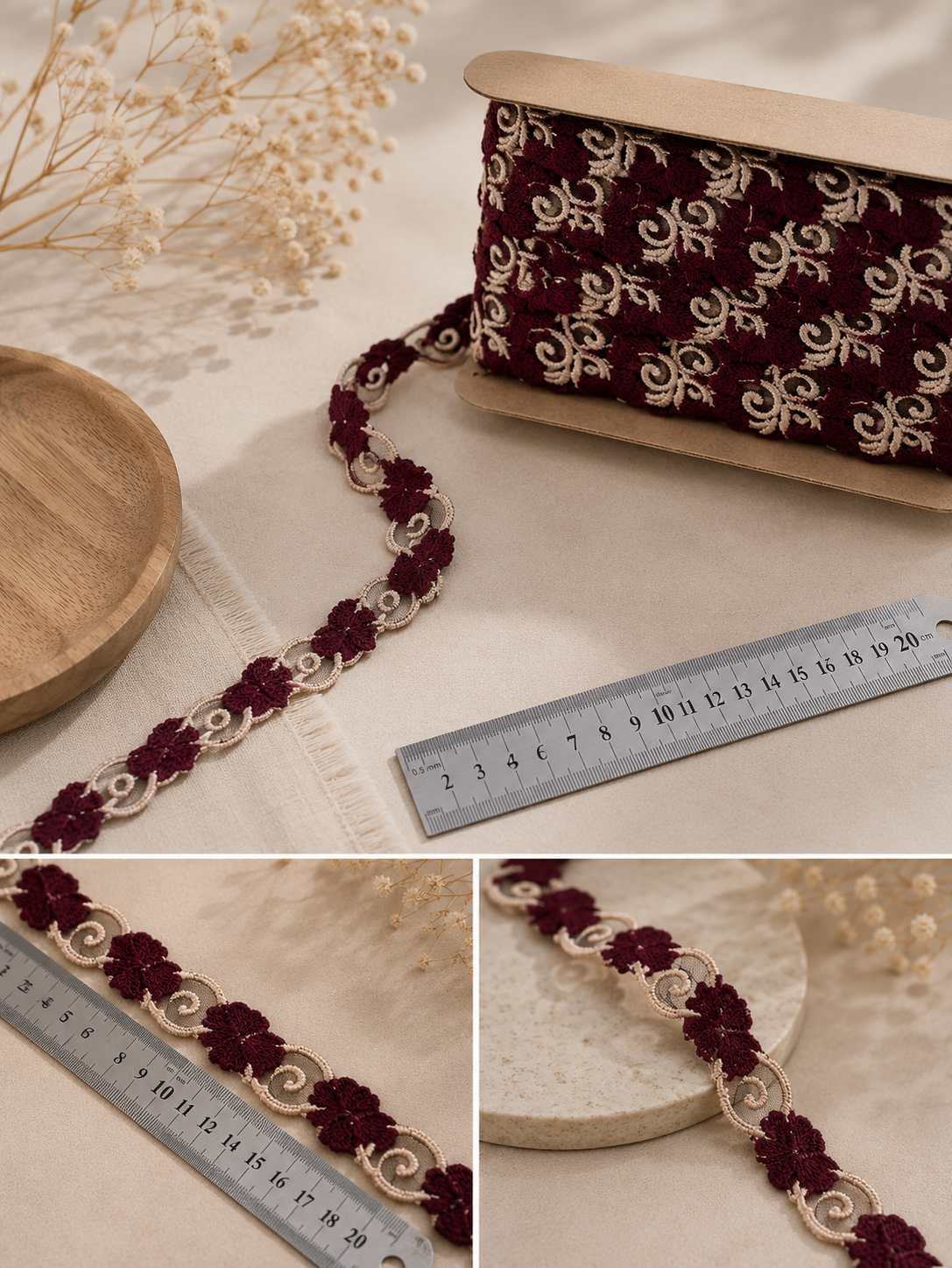 Izšūta mežģīnes lenta 1.2 cm-bordo
